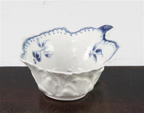 A Worcester leaf moulded butterboat, c.1775, 9cm across